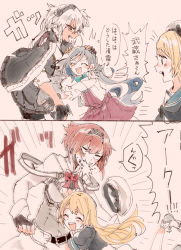 Rule 34 | 2koma, 4girls, ark royal (kancolle), black jacket, blonde hair, blue eyes, blue sailor collar, blunt bangs, bob cut, brown gloves, closed eyes, comic, corset, dark-skinned female, dark skin, dress, fingerless gloves, flower, glasses, gloves, grey hair, grey legwear, halterneck, hat, headgear, headpat, itomugi-kun, jacket, jacket on shoulders, jervis (kancolle), kantai collection, kiyoshimo (kancolle), long hair, long sleeves, low twintails, motion lines, multiple girls, musashi (kancolle), musashi kai ni (kancolle), open mouth, pantyhose, pointy hair, red flower, red hair, red ribbon, red rose, ribbon, rose, sailor collar, sailor dress, school swimsuit, semi-rimless eyewear, shirt, short hair, short hair with long locks, short sleeves, shorts, spit take, spitting, swimsuit, translation request, twintails, two side up, very long hair, white dress, white gloves, white hat, white shirt, white shorts