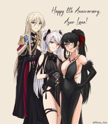 Rule 34 | 3girls, absurdres, anniversary, artist name, azur lane, bismarck (azur lane), bismarck (beacon of the iron blood) (azur lane), black dress, black gloves, black hair, blonde hair, blue eyes, bow, breasts, cleavage, closed mouth, commentary, cross, cross earrings, cup, dress, earrings, elbow gloves, english commentary, english text, feet out of frame, female commander (azur lane), glasses, gloves, grey eyes, hair bow, hair ribbon, hand on another&#039;s shoulder, hand on own hip, happy anniversary, highres, holding, holding cup, jewelry, lips, long hair, looking at viewer, matsu arts, medium breasts, multicolored hair, multiple girls, necklace, official alternate costume, orange eyes, ponytail, prinz eugen (azur lane), prinz eugen (cordial cornflower) (azur lane), red lips, ribbon, simple background, smile, standing, streaked hair, twintails, twitter username, white hair