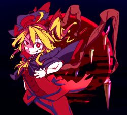 Rule 34 | 1girl, alternate costume, black background, blonde hair, capelet, commentary request, cowboy shot, flandre scarlet, furorina, grin, hair between eyes, hat, looking at viewer, mob cap, red eyes, side ponytail, sidelocks, smile, solo, touhou