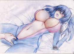 Rule 34 | 1girl, :d, absurdres, ahoge, assisted exposure, blue eyes, blue hair, blush, bodysuit, breasts, center opening, cleavage, colored pencil (medium), covered erect nipples, dance princess of the ice barrier, duel monster, elbow pads, female pubic hair, hair ornament, highres, large breasts, lying, midriff, navel, on back, open bodysuit, open clothes, open mouth, pubic hair, reebi, shoulder pads, skin tight, smile, traditional media, twintails, unzipped, yu-gi-oh!