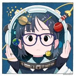 1girl artist_name black_hair blue-framed_eyewear blue_background border closed_mouth commentary earth_(planet) freckles hair_ornament helmet highres jewelry looking_at_viewer onoconokoko0625 original planet ring saturn_(planet) short_hair sleeves_past_wrists solo star_(sky) straight-on symbol-only_commentary turtleneck upper_body white_border x_hair_ornament