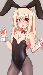 Rule 34 | 1girl, animal ears, arms up, bare shoulders, black leotard, black pantyhose, blonde hair, blush, bow, bowtie, breasts, chawan (yultutari), covered navel, detached collar, fake animal ears, fate/kaleid liner prisma illya, fate (series), hairband, highres, illyasviel von einzbern, leotard, long hair, open mouth, pantyhose, playboy bunny, rabbit ears, red eyes, small breasts, solo, strapless, strapless leotard, wrist cuffs