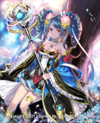Rule 34 | 1girl, bare shoulders, blue hair, blue ribbon, braid, breasts, character request, cleavage, closed mouth, collarbone, commentary request, dated, detached sleeves, dress, flower, frilled sleeves, frills, hair flower, hair ornament, hair ribbon, holding, holding staff, kgr, long sleeves, lord of knights, medium breasts, multicolored clothes, multicolored dress, official art, pink flower, purple eyes, ribbon, short dress, smile, solo, staff, strapless, strapless dress, tree, twin braids, twintails, wide sleeves