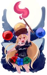 Rule 34 | 1girl, blonde hair, chain, clownpiece, cosplay, cowboy shot, english text, full moon, hat, hecatia lapislazuli, hecatia lapislazuli (cosplay), highres, jester cap, long hair, looking at viewer, miniskirt, moon, multicolored clothes, multicolored skirt, neck ruff, open mouth, plaid, plaid skirt, red eyes, sakana (packetsjp), shirt, skirt, smile, t-shirt, torch, touhou, very long hair
