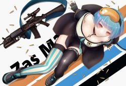 Rule 34 | 1girl, absurdres, assault rifle, bare shoulders, black footwear, black gloves, black thighhighs, blue hair, blue nails, boots, breasts, bullet, character name, closed mouth, eyewear on head, fingerless gloves, girls&#039; frontline, gloves, guchagucha, gun, hands on floor, highres, kalashnikov rifle, looking at viewer, multicolored nails, nail polish, on floor, orange nails, red eyes, rifle, safety glasses, short hair, simple background, small breasts, smile, solo, striped clothes, striped thighhighs, thighhighs, weapon, zas m21 (girls&#039; frontline), zastava m21