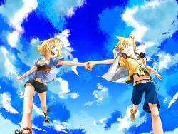 Rule 34 | 1boy, 1girl, aqua eyes, blonde hair, bracelet, brother and sister, casual, cloud, day, grin, hair ornament, hair ribbon, hairclip, holding hands, headphones, headphones around neck, hetero, highres, jewelry, junji, kagamine len, kagamine rin, navel, ribbon, running, sandals, shoes, short hair, short shorts, shorts, siblings, sky, smile, sneakers, twins, vocaloid