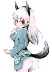 Rule 34 | 1girl, animal ears, ass, blush, breasts, eila ilmatar juutilainen, female focus, fox ears, fox tail, haruyuki, long hair, military, military uniform, pantyhose, pouch, purple eyes, solo, strike witches, tail, uniform, white background, white hair, white pantyhose, world witches series