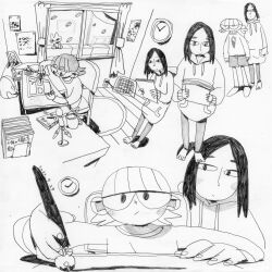 Rule 34 | 2girls, absurdres, black hair, chair, dated, drawing, drawing tablet, highres, holding, holding pen, indoors, looking at another, looking at viewer, monochrome, multiple girls, multiple views, nyr50ml, original, pen, short hair, sitting, sketch, table, twintails, window