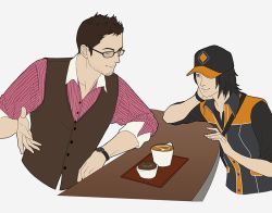 Rule 34 | 1boy, 1girl, assassin&#039;s creed, assassin&#039;s creed (series), assassin&#039;s creed iv: black flag, black hair, blue eyes, brown hair, coffee, gb (doubleleaf), glasses, hat, latte art, rebecca crane, shaun hastings, smile, watch, wristwatch
