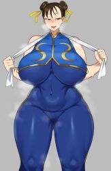 Rule 34 | 1girl, alternate breast size, blush, breasts, capcom, chamchami, chun-li, curvy, double bun, hair bun, highres, huge breasts, open mouth, plump, simple background, smile, solo, street fighter, street fighter zero (series)