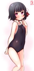 Rule 34 | 1girl, alternate costume, artist logo, black hair, commentary request, competition school swimsuit, dated, covered erect nipples, finger to mouth, hair ribbon, highres, ishigaki (kancolle), kanon (kurogane knights), kantai collection, looking at viewer, one-piece swimsuit, red eyes, red ribbon, ribbon, school swimsuit, short hair, signature, simple background, smile, solo, swimsuit, white background, white ribbon