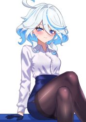 Rule 34 | 1girl, absurdres, ahoge, alternate costume, black pantyhose, blue eyes, blue gloves, blue hair, blue pupils, blue skirt, blush, breasts, commentary, crossed legs, dress shirt, drop-shaped pupils, feet out of frame, furina (genshin impact), genshin impact, gloves, hair between eyes, heterochromia, highres, light blue hair, light smile, long sleeves, looking at viewer, medium breasts, medium hair, multicolored hair, office lady, oldsickkim, pantyhose, pencil skirt, shirt, sitting, skirt, solo, streaked hair, symbol-shaped pupils, white background, white hair, white shirt