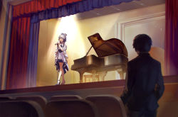 Rule 34 | 1boy, 1girl, achyue, black hair, curtains, dress, from behind, hair ornament, hair rings, high heels, indoors, instrument, looking at another, luo tianyi, microphone, microphone stand, music, piano, silver hair, singing, spotlight, stage, standing, vocaloid, white dress