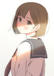 Rule 34 | 1girl, blunt bangs, blush, bob cut, breasts, brown eyes, brown hair, commentary, dress shirt, eyelashes, from behind, hair strand, head tilt, highres, looking at viewer, looking back, natuich, neckerchief, original, red neckerchief, school uniform, serafuku, shaded face, shirt, short hair, simple background, small breasts, smile, solo, tearing up, white background, white shirt