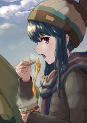 Rule 34 | 1girl, beanie, blue hair, brown hat, brown jacket, chopsticks, cloud, commentary request, cup, day, eating, food, from side, hair between eyes, hand up, hat, highres, holding, holding chopsticks, holding cup, ito t20a, jacket, long hair, long sleeves, looking at viewer, looking to the side, multicolored clothes, multicolored scarf, nissin cup noodle, noodles, open mouth, outdoors, pom pom (clothes), profile, purple eyes, scarf, shima rin, sidelocks, sketch, solo, steam, striped clothes, striped scarf, tent, upper body, yurucamp