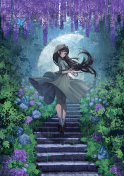Rule 34 | 1girl, absurdres, black hair, blue eyes, bug, butterfly, dress, flower, foliage, from behind, highres, insect, long hair, looking at viewer, looking back, outdoors, plant, purple flower, rain, shoes, silvertsuki, solo, stairs, transparent, transparent umbrella, umbrella, very long hair, white dress, wide shot