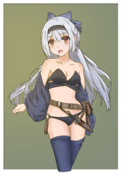 Rule 34 | 1girl, bare shoulders, belt, belt pouch, bikini, black bikini, blue bow, blue hair, bow, breasts, brown eyes, buffetfc, cleavage, collarbone, cowboy shot, dagger, detached sleeves, girls&#039; frontline, green background, hair bow, hairband, highres, knife, labyrinth of the dark, lace-trimmed hairband, lace trim, long hair, looking to the side, o-ring, o-ring bottom, open mouth, pouch, sheath, small breasts, solo, swimsuit, thighhighs, tokarev (girls&#039; frontline), tokarev (griffin&#039;s dancer) (girls&#039; frontline), very long hair, weapon