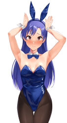 Rule 34 | 1girl, absurdres, animal ears, black pantyhose, blue bow, blue bowtie, blue hair, blue leotard, bow, bowtie, brown eyes, cowboy shot, detached collar, flat chest, highres, idolmaster, idolmaster (classic), kisaragi chihaya, leotard, long hair, looking at viewer, nishi (count2.4), pantyhose, playboy bunny, rabbit ears, rabbit pose, simple background, solo, strapless, strapless leotard, thigh gap, white background, wrist cuffs