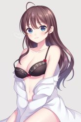 Rule 34 | 1girl, ahoge, apron, areola slip, black bra, blue eyes, blush, bow, bow bra, bra, breasts, brown hair, collarbone, commentary request, cowboy shot, ear piercing, floral print, grey background, hair between eyes, heart, highres, ichinose shiki, idolmaster, idolmaster cinderella girls, lips, long hair, long sleeves, looking at viewer, medium breasts, naked apron, navel, off shoulder, open clothes, open shirt, piercing, pink lips, red bow, shiny skin, shirt, simple background, sitting, smile, solo, stomach, strap slip, thighs, underwear, white shirt, yamayu