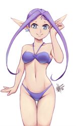 Rule 34 | 1girl, 2022, blue eyes, breasts, closed mouth, collarbone, dated, earrings, grandia, grandia i, jewelry, liete (grandia), long hair, mateus upd, medium breasts, navel, pointy ears, purple hair, signature, simple background, smile, solo, swimsuit, white background