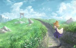 Rule 34 | 1girl, blonde hair, blue sky, cloud, cloudy sky, commentary request, day, flower, grass, hair ribbon, hat, highres, looking at viewer, meadow, moriya suwako, outdoors, pantyhose, purple skirt, ribbon, rock, skirt, skirt set, sky, sleeves past wrists, smile, solo, stairs, torii, touhou, vest, white pantyhose, wide sleeves, yellow eyes, you (shimizu)