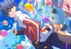 Rule 34 | 1boy, balloon, black gloves, building, candy, closed mouth, cloud, commentary request, confetti, creatures (company), day, dewott, fingerless gloves, food, from below, game freak, gen 5 pokemon, gloves, highres, holding, holding poke ball, hugh (pokemon), jacket, licking, lollipop, male focus, nintendo, outdoors, pants, poke ball, poke ball (basic), pokemon, pokemon (creature), pokemon bw2, red eyes, short hair, sky, smile, spiked hair, tongue, tongue out, window, yupiteru