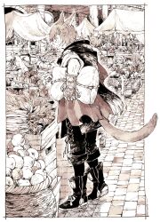 Rule 34 | 1boy, animal ears, basket, black footwear, black pants, black scarf, boots, border, braid, braided ponytail, cat boy, cat ears, cat tail, crate, elbow gloves, facial mark, final fantasy, final fantasy xiv, fingerless gloves, food, from side, fruit, fruit stand, full body, g&#039;raha tia, gloves, hair ornament, hatching (texture), highres, holding, holding sack, itowo (itowc), jacket, knee boots, male focus, market, market stall, miqo&#039;te, monochrome, open mouth, outdoors, outside border, pants, pointing, profile, rope, sack, scarf, sepia, short hair, short ponytail, signature, single braid, smile, solo, standing, tail, vegetable, white border, x hair ornament