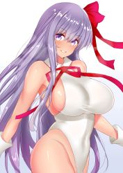 Rule 34 | 10s, 1girl, bb (fate), bb (fate) (all), bb (swimsuit mooncancer) (fate), bb (swimsuit mooncancer) (third ascension) (fate), blush, breasts, covered navel, fate/extra, fate/extra ccc, fate/grand order, fate (series), gloves, grin, hair ribbon, highleg, highleg leotard, highres, hip focus, large breasts, leotard, long hair, looking at viewer, neck ribbon, purple eyes, purple hair, red ribbon, ribbon, sankakusui, shiny skin, sideboob, simple background, smile, solo, tan, white background, white gloves, white leotard