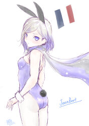 Rule 34 | 1girl, ass, blonde hair, cape, character name, cowboy shot, french flag, gradient hair, grey leotard, jean bart (kancolle), kantai collection, koshigaya tatsumi, leotard, mole, mole under eye, multicolored hair, one-hour drawing challenge, pantyhose, purple cape, purple eyes, purple scarf, scarf, short hair, simple background, solo, white background, white pantyhose