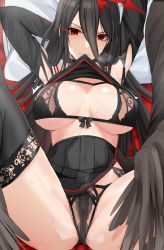 Rule 34 | 1girl, arms up, black bra, black hair, black panties, black shirt, black skirt, black thighhighs, blue archive, bra, breasts, cleavage, clothes in mouth, clothes lift, garter belt, garter straps, hair between eyes, hasumi (blue archive), highres, in mouth, large breasts, long hair, long sleeves, looking at viewer, low wings, lying, mole, mole under eye, mouth hold, noise paper, on back, panties, parted lips, pleated skirt, red eyes, school uniform, shirt, shirt in mouth, shirt lift, skirt, solo, spread legs, thighhighs, thighs, underwear, wings