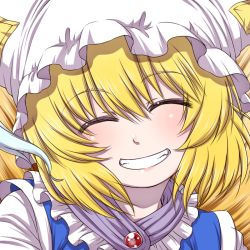 Rule 34 | 1girl, animal hat, blonde hair, blue dress, closed eyes, commentary request, dress, facing viewer, fox tail, grin, hanya (hanya yashiki), hat, mob cap, multiple tails, partial commentary, portrait, short hair, smile, solo, tail, touhou, white hat, yakumo ran