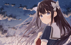 Rule 34 | 1girl, black hair, blouse, blue eyes, blue shirt, blue sky, blush, bow, closed mouth, cloud, cloudy sky, floating hair, from side, hair bow, hand on own chest, highres, long hair, looking at viewer, looking back, nagitoki, original, outdoors, pursed lips, school uniform, serafuku, shirt, sidelocks, sky, solo, star (sky), starry sky, twilight, upper body, very long hair, white bow