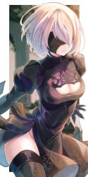 Rule 34 | 1girl, black dress, black gloves, black thighhighs, blindfold, breasts, cleavage, closed mouth, commentary request, covered navel, dress, facing viewer, gloves, groin, highres, juliet sleeves, long sleeves, medium breasts, mole, mole under mouth, nier:automata, nier (series), puffy sleeves, solo, thighhighs, white hair, yonema, 2b (nier:automata)