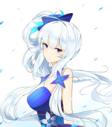 Rule 34 | 1girl, azur lane, bad id, bad pixiv id, bare shoulders, blue background, blue bow, blue dress, blue eyes, blush, bow, breasts, closed mouth, commentary request, criss-cross halter, dress, from side, gradient background, hair between eyes, hair bow, hair rings, halterneck, illustrious (azur lane), illustrious (never-ending tea party) (azur lane), large breasts, long hair, looking at viewer, low twintails, mole, mole under eye, silver hair, smile, solo, tp (kido 94), twintails, very long hair, white background