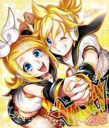 1boy 1girl ahoge anniversary bare_shoulders bass_clef black_sailor_collar black_shorts black_sleeves blonde_hair blue_eyes bow brother_and_sister cheek-to-cheek detached_sleeves fang grin hair_bow hair_ornament hairclip headphones heads_together headset index_finger_raised interlocked_fingers kagamine_len kagamine_rin kitano_tomotoshi leaning_forward looking_at_viewer neckerchief necktie official_art one_eye_closed open_mouth promotional_art sailor_collar shirt short_hair short_ponytail short_sleeves shorts siblings signature sleeveless sleeveless_shirt smile star_(symbol) swept_bangs treble_clef twins vocaloid white_bow white_shirt yellow_background yellow_nails yellow_neckerchief yellow_necktie yellow_theme