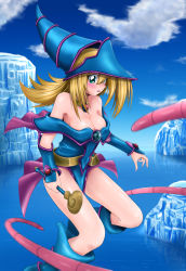 Rule 34 | 1girl, bad id, bad pixiv id, bare shoulders, blonde hair, blue eyes, blue footwear, blush, boots, breasts, choker, cleavage, cloud, dark magician girl, day, duel monster, floating, green eyes, hat, highres, ice, imminent rape, large breasts, long hair, love (pspdspsp), motion blur, open mouth, outdoors, pentacle, sky, solo, solo focus, staff, sweatdrop, tentacles, wand, water, witch hat, wizard hat, yu-gi-oh!, yuu-gi-ou, yu-gi-oh! duel monsters