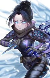 Rule 34 | 1girl, absurdres, animification, apex legends, belt, black bodysuit, black hair, black scarf, blue eyes, blue pupils, blush, bodysuit, breasts, brown belt, electricity, hair bun, highres, holding, holding knife, knife, kunai, looking at viewer, medium breasts, necrotenshi, open hand, parted bangs, parted lips, scarf, solo, weapon, wraith&#039;s kunai, wraith (apex legends)