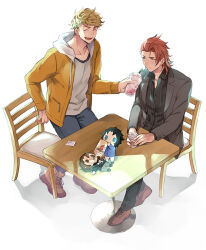 Rule 34 | 2boys, black pants, black shirt, blonde hair, blush, character doll, closed eyes, coffee, collared shirt, cup, disposable cup, granblue fantasy, grey shirt, holding, holding cup, jacket, lancelot (granblue fantasy), looking at another, male focus, multiple boys, open clothes, open jacket, open mouth, orange jacket, pants, percival (granblue fantasy), red hair, shirt, short hair, siegfried (granblue fantasy), simple background, sitting, smile, touya tsuzuru, vane (granblue fantasy), white background