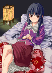 Rule 34 | 1girl, bed, black hair, blanket, blouse, blunt bangs, blush, brown eyes, candle, colored eyelashes, crossed legs, dutch angle, female focus, floral print, frilled shirt, frilled skirt, frills, from above, highres, hime cut, houraisan kaguya, indoors, interlocked fingers, lantern, light smile, long hair, long sleeves, looking at viewer, lying, on back, on bed, own hands clasped, own hands together, paper lantern, shirt, skirt, smile, solo, tatami, touhou, unasaka ryou, very long hair, wide sleeves