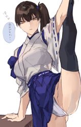 Rule 34 | 1girl, bad id, bad twitter id, brown eyes, brown hair, commentary, fukazaki, fundoshi, highres, japanese clothes, kaga (kancolle), kantai collection, leg lift, leg up, looking at viewer, side ponytail, solo, split, standing, standing on one leg, standing split, translation request, underwear
