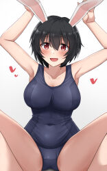 Rule 34 | 1girl, absurdres, animal ears, black hair, blush, brave witches, breasts, covered navel, emu 1316, heart, highres, large breasts, old school swimsuit, open mouth, rabbit ears, rabbit pose, red eyes, school swimsuit, shimohara sadako, short hair, simple background, solo, spread legs, swimsuit, world witches series