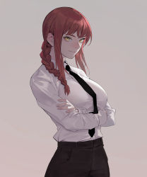 Rule 34 | 1girl, bad id, bad twitter id, black necktie, black pants, blouse, braid, braided ponytail, breasts, business suit, chainsaw man, collared shirt, cowboy shot, crossed arms, dongho kang, formal, grey background, high-waist pants, highres, long hair, long sleeves, looking at viewer, makima (chainsaw man), medium breasts, necktie, office lady, pants, ringed eyes, shirt, shirt tucked in, simple background, single braid, smile, solo, suit, white shirt