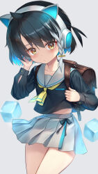 1girl animal_ear_headphones animal_ears ascot backpack bag black_hair black_shirt brown_bag collarbone fake_animal_ears grey_background grey_skirt headphones highres long_sleeves looking_at_viewer midriff_peek mitake_eil original pleated_skirt sailor_collar school_uniform shirt short_hair skirt yellow_ascot yellow_eyes