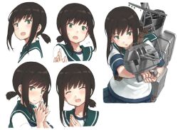 Rule 34 | 1girl, aiming, blue neckerchief, blue skirt, blush, brown hair, commentary request, fubuki (kancolle), green eyes, green sailor collar, hair between eyes, hayashi naoharu, holding, holding turret, jewelry, kantai collection, looking at viewer, low ponytail, mast, medium hair, multiple views, neckerchief, own hands together, pleated skirt, portrait, profile, rigging, ring, sailor collar, school uniform, serafuku, shirt, short ponytail, short sleeves, sidelocks, simple background, skirt, smile, smokestack, solo, turret, upper body, wedding ring, white background, white shirt