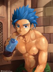 Rule 34 | 1boy, abs, artist name, bara, blue eyes, blue hair, camus (dq11), collarbone, commentary request, cup, dragon quest, dragon quest xi, drinking, drinking straw, earrings, fingerless gloves, gloves, holding, holding cup, indoors, jewelry, large pectorals, male focus, muscular, muscular male, pants, pectorals, short hair, sitting, solo, sweat, torakichi (ebitendon), upper body