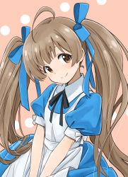 Rule 34 | 1girl, ahoge, alice (alice in wonderland), alice (alice in wonderland) (cosplay), alice in wonderland, apron, blue dress, blush, brown eyes, brown hair, commentary request, cosplay, dress, hair ribbon, hakozaki serika, head tilt, idolmaster, idolmaster million live!, long hair, looking at viewer, own hands together, puffy sleeves, ribbon, smile, solo, twintails, upper body, yamaguchi satoshi