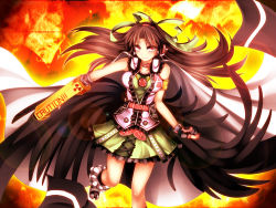Rule 34 | 1girl, adapted costume, arm cannon, bare shoulders, black hair, black wings, bow, cape, female focus, fingerless gloves, gloves, hair bow, headphones, highres, kazetto, large wings, long hair, md5 mismatch, radiation symbol, red eyes, reiuji utsuho, skirt, sleeveless, smile, solo, third eye, touhou, weapon, wings