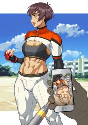 Rule 34 | 1girl, abs, aftersex, armpit hair, armpits, ball, baseball, baseball bat, baseball uniform, brown hair, cellphone, cloud, cloudy sky, commentary request, covering own eyes, day, ear piercing, female pubic hair, gloves, holding, holding ball, holding phone, midriff, mikoyan, muscular, muscular female, navel, nipples, open mouth, original, outdoors, pants, phone, piercing, pov, pov hands, pubic hair, short hair, sky, smartphone, solo, sports bra, sportswear, thick eyebrows, very short hair