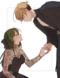 Rule 34 | 1boy, 1girl, black bow, black bowtie, black dress, black jacket, blonde hair, bow, bowtie, commentary, dress, fenfenfen naku, formal, from side, glasses, green hair, hair bow, hair down, highres, holding hands, jacket, land (sousou no frieren), leaning forward, long hair, profile, purple eyes, smile, sousou no frieren, traditional bowtie, ubel (sousou no frieren), upper body, white background