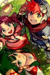 Rule 34 | 1boy, 2girls, :d, armor, belt, boots, brown footwear, capelet, day, dress, earrings, feena (grandia), from above, goggles, goggles on head, grandia, grandia i, green eyes, green hair, grey eyes, grin, hair between eyes, hair tubes, hat, hungry clicker, jacket, jewelry, justin (grandia), long hair, looking at viewer, multiple girls, necklace, open mouth, outdoors, parted bangs, pink hair, pom pom (clothes), puui (grandia), red hair, red scarf, scarf, shorts, smile, standing, sue (grandia)